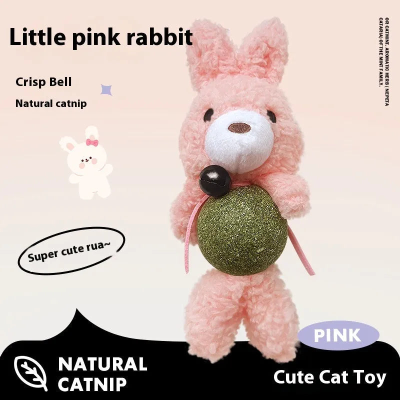 Plush cat toy shaped like a doll with a mint ball inside, showing brown bear design next to a measuring tape.