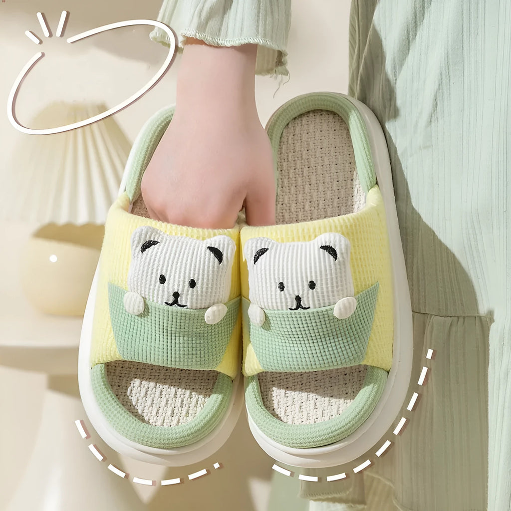 Women's thick-soled cartoon bear linen house slippers with PVC sole in blue colour