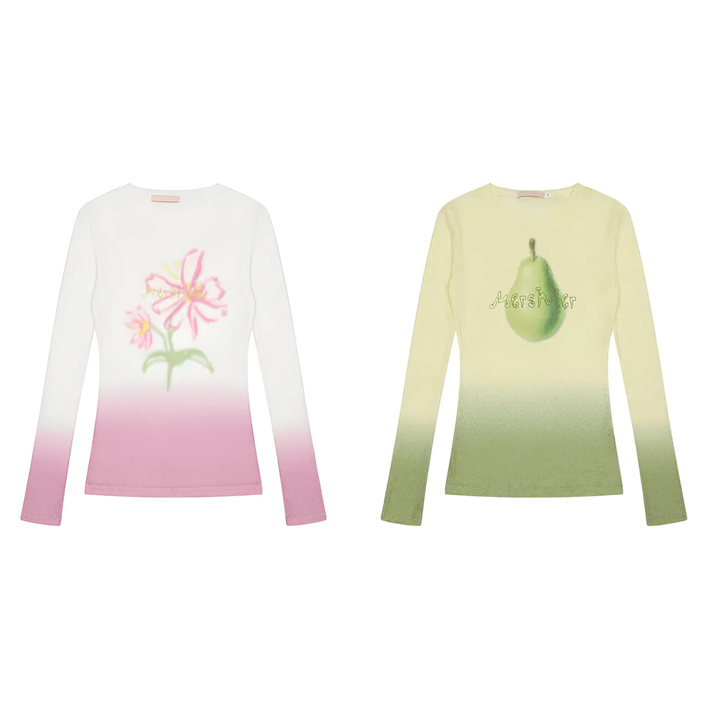 Gradient flower long-sleeved T-shirt for women in light pink, polyester fabric, casual fit size S