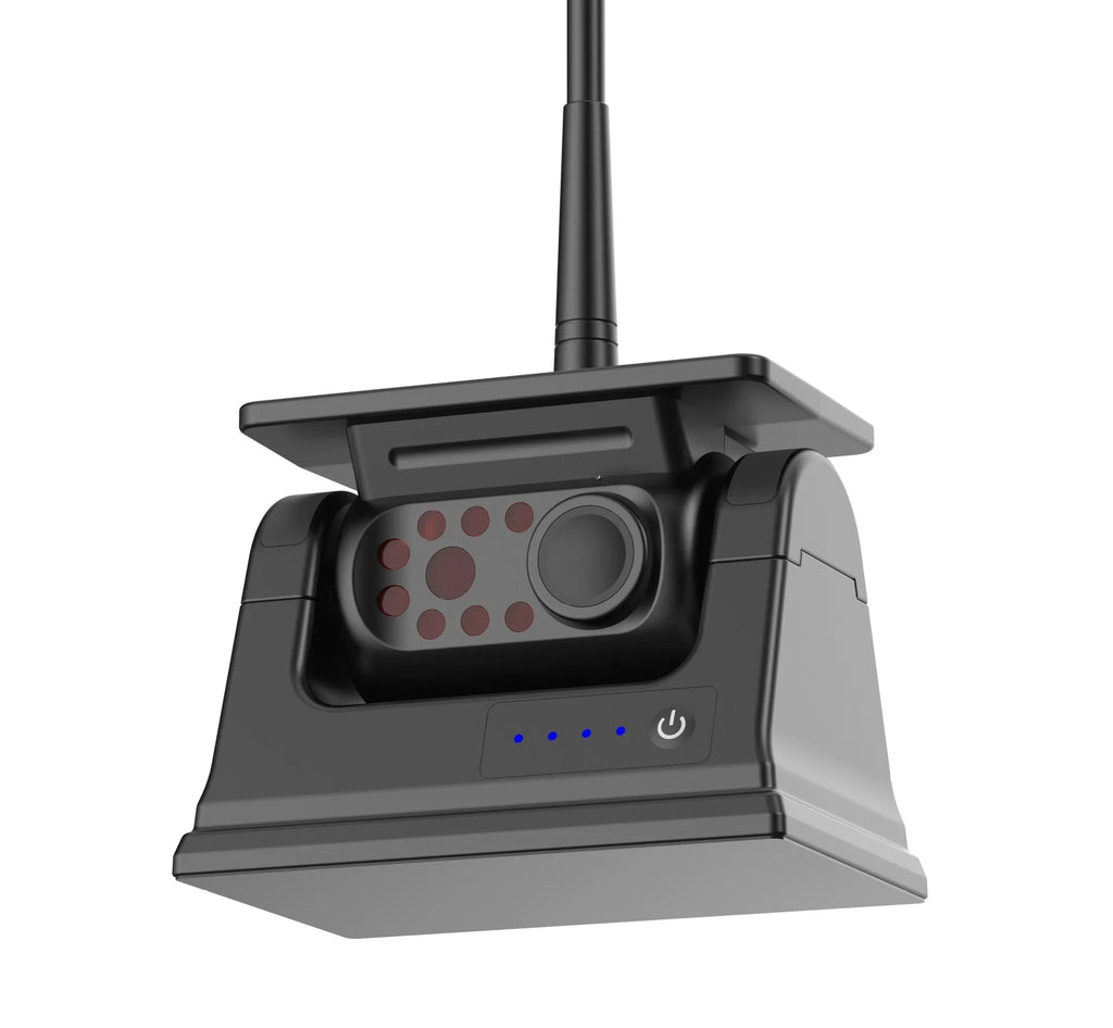 Black solar-powered wireless vehicle camera with aluminium alloy shell and a magnet base for mounting.