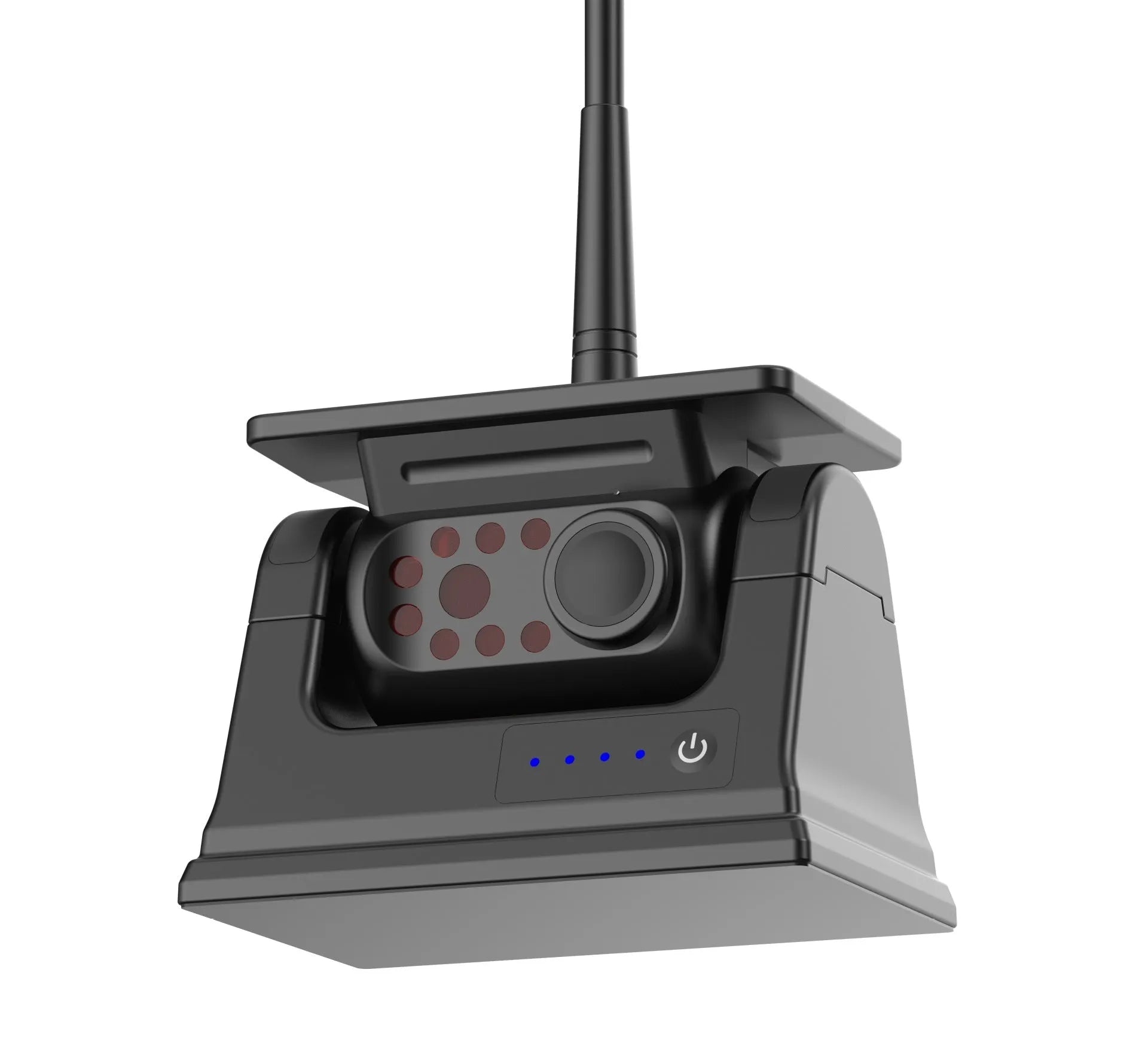Black solar-powered wireless vehicle camera with aluminium alloy shell and a magnet base for mounting.