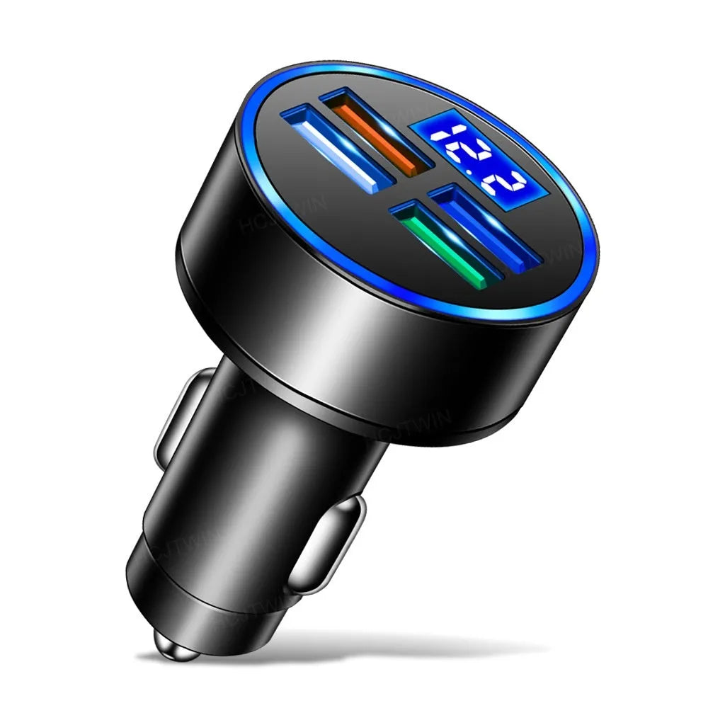One-to-four multi-port car charger in black with four ports and cigarette lighter plug