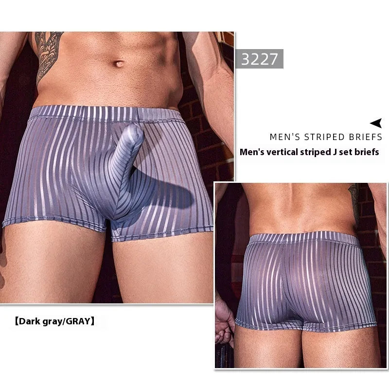 Men's vertical stripe nylon boxer briefs in black, white or dark grey