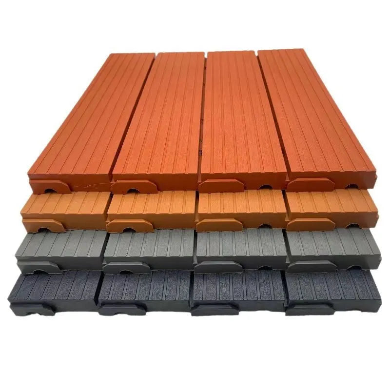 Wood grain plastic floor tiles showing interlocking edges, 300x300mm size with 23mm thickness