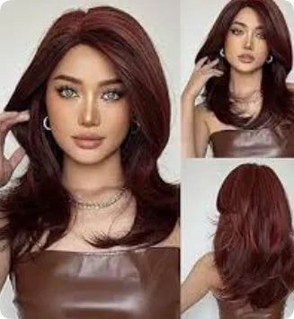 Mid-length full-head wig with long curly hair, bangs, and platinum gradient colour
