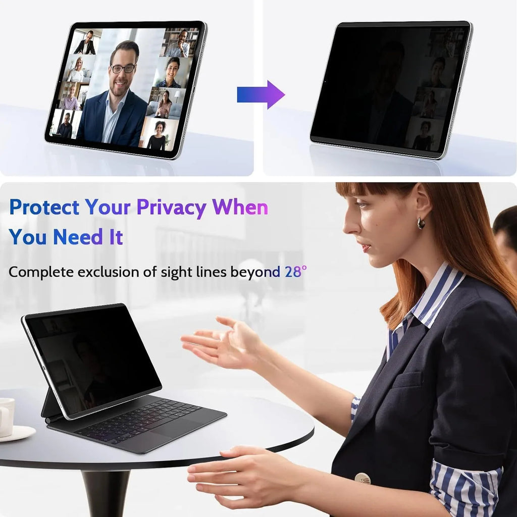 Magnetic suction anti peeping privacy film for iPad with paper-like PET texture and storage clip.