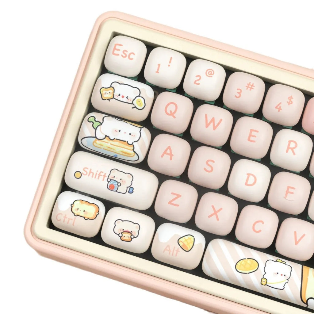PBT mechanical keyboard key cap set with bread bear artwork in MOG height profile