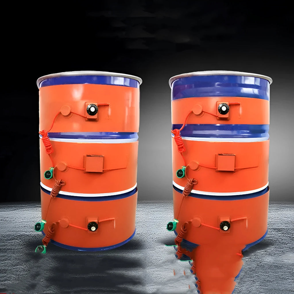 Flexible silicone rubber heating belt wrapped around a 200-litre oil drum with a control unit.