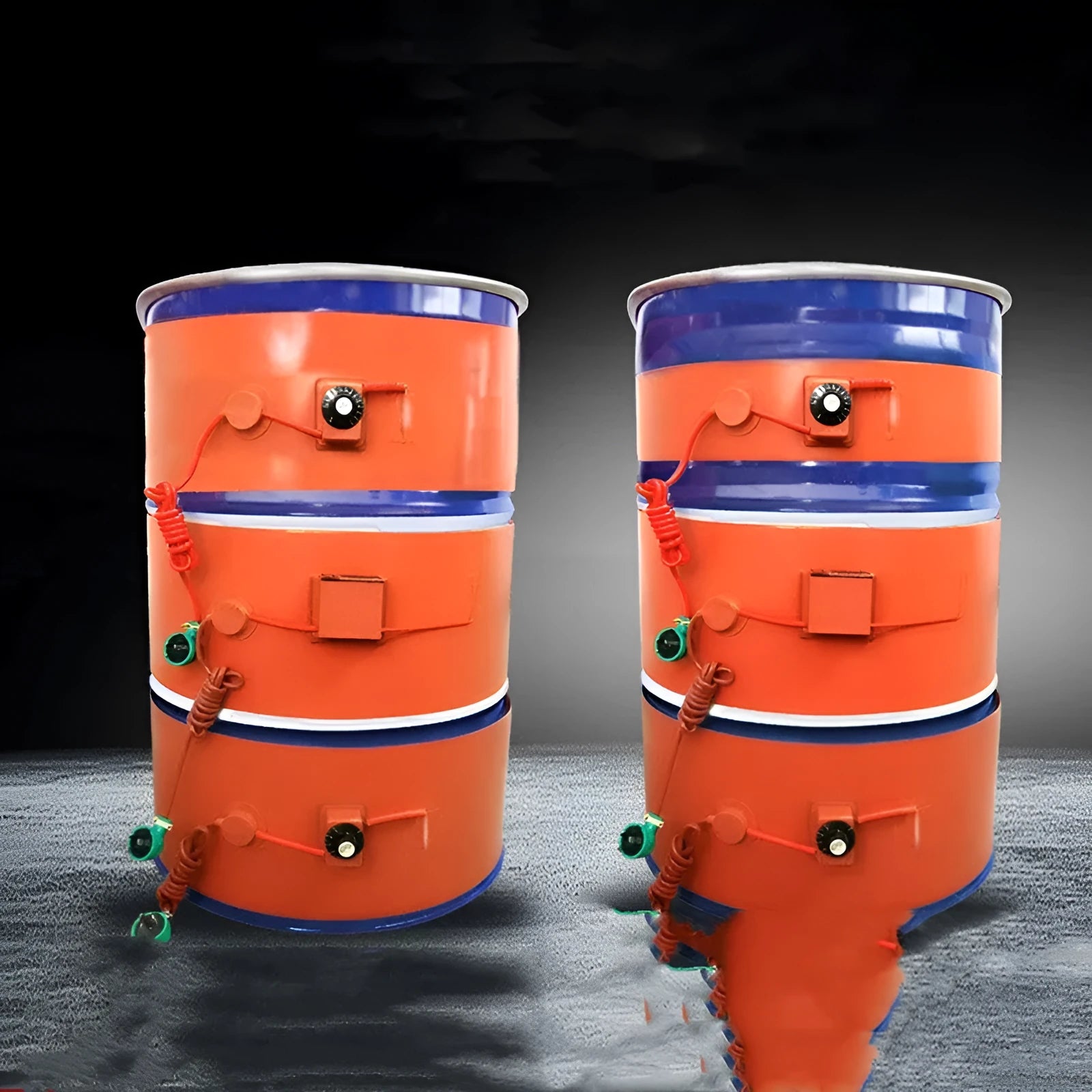 Flexible silicone rubber heating belt wrapped around a 200-litre oil drum with a control unit.