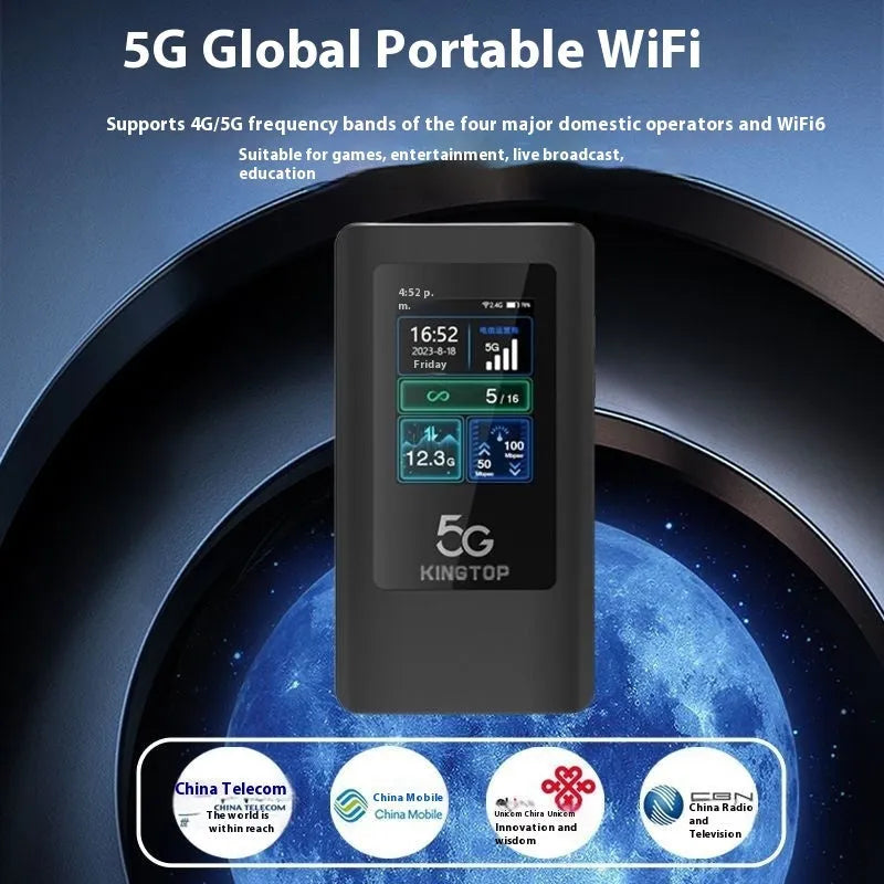 Black 5G portable Wi-Fi router with LCD screen and TYPE-C port on a white background