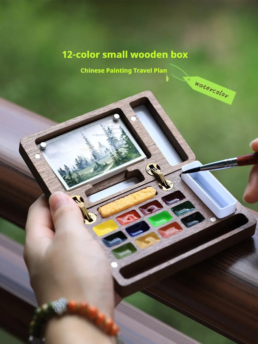 Mini wooden watercolour paint box with professional pigment suits in pocket-sized portable format