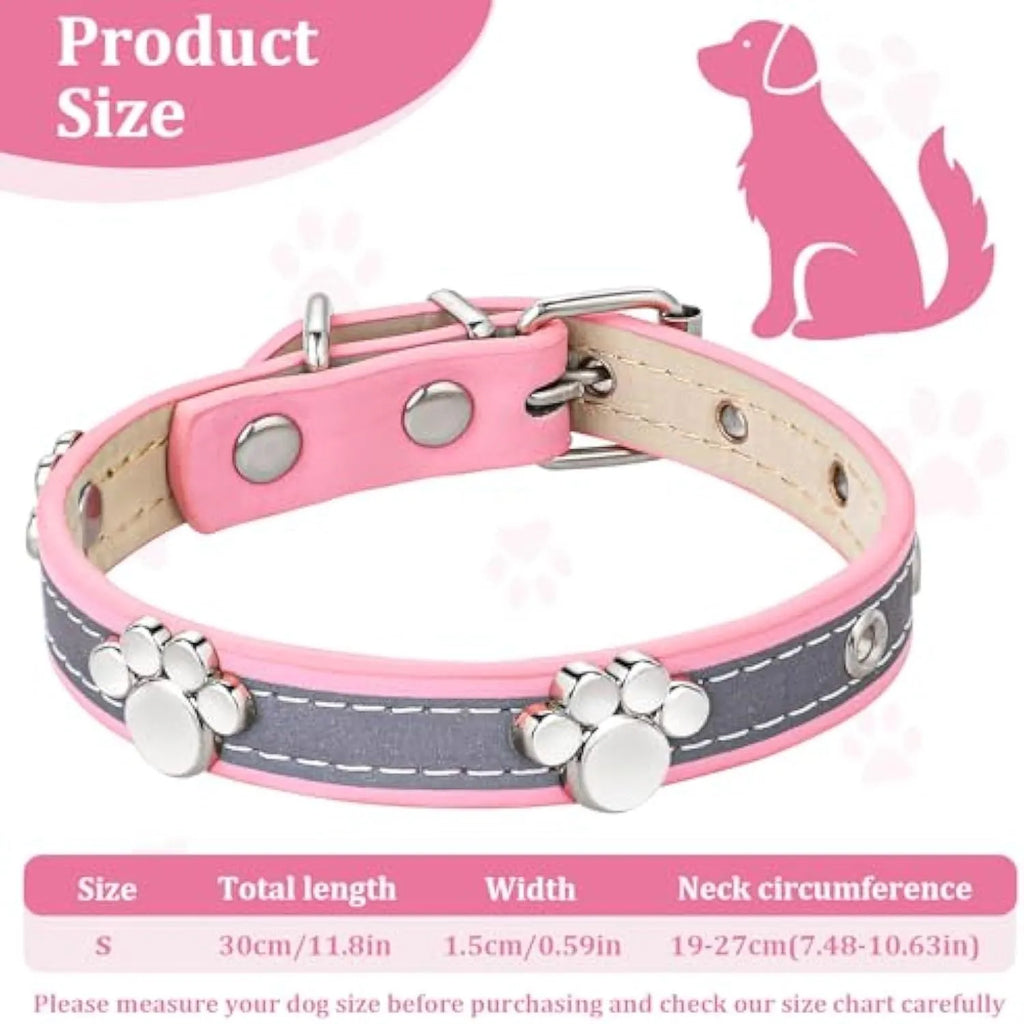Reflective adjustable PU leather dog collar with metal paw rivet, shown in size L for medium dogs.