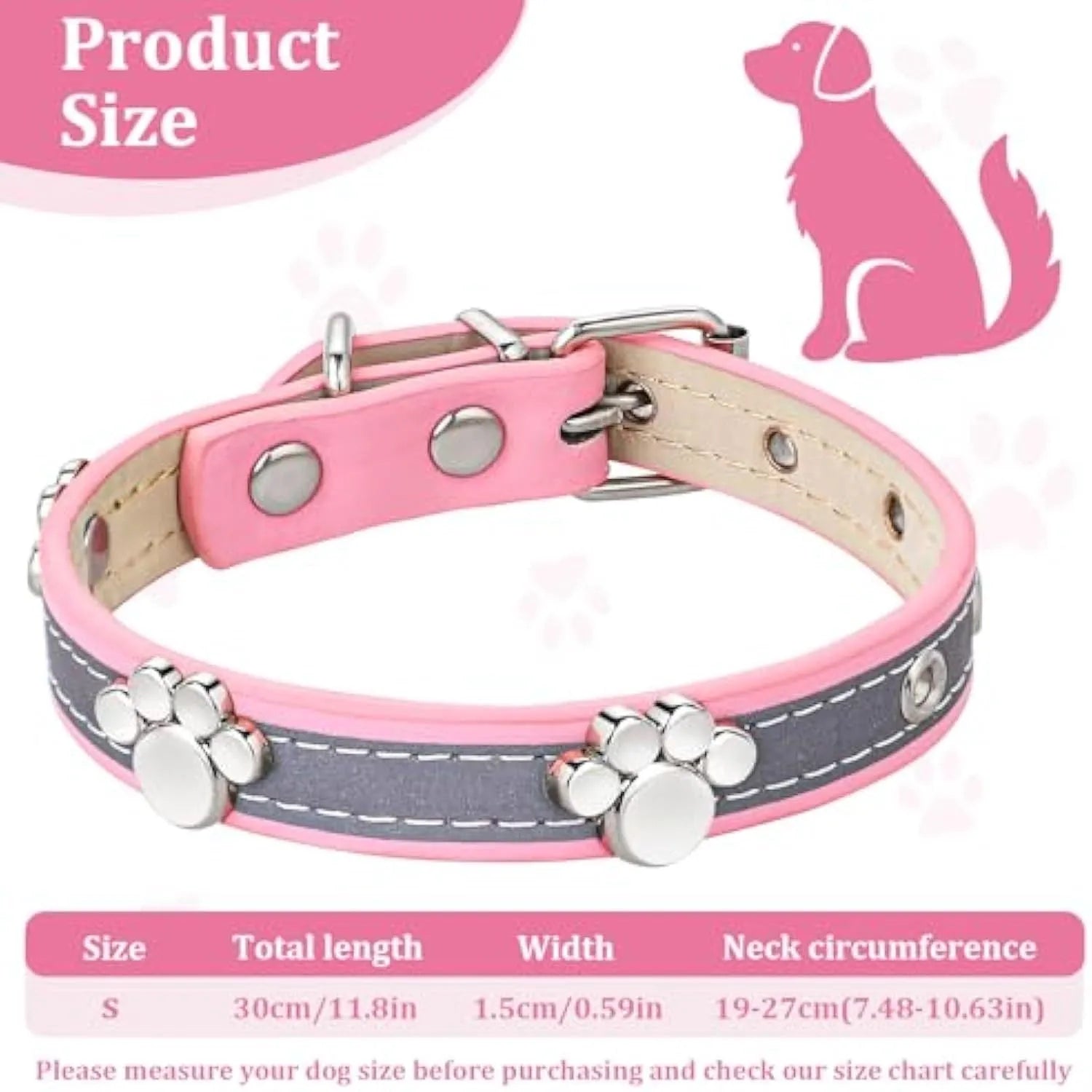 Reflective adjustable PU leather dog collar with metal paw rivet, shown in size L for medium dogs.