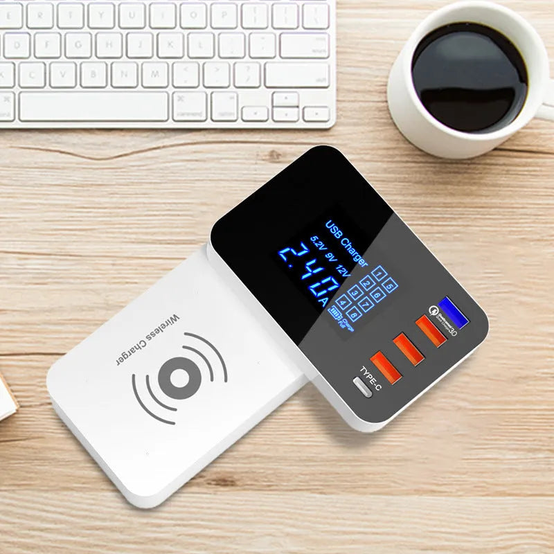 White 10W wireless charger with multi-USB ports and indicator light on a desk