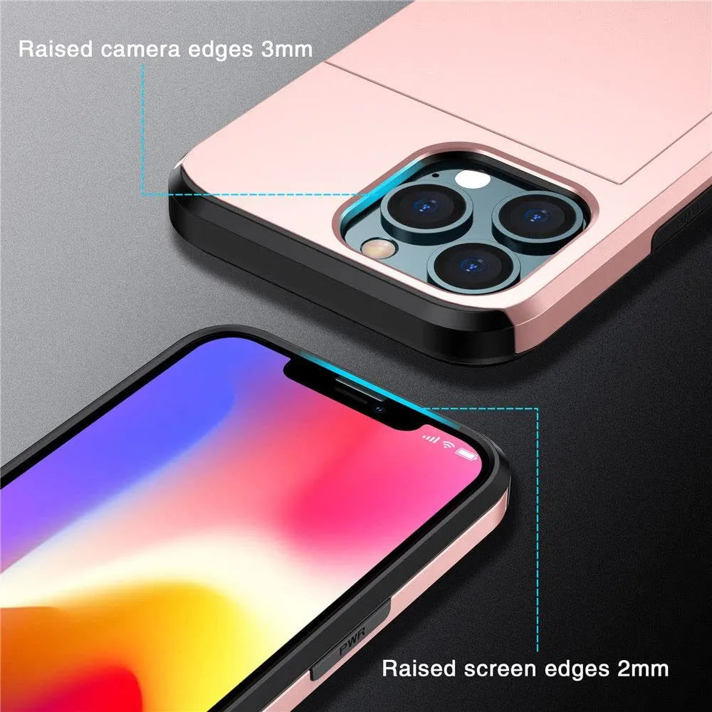 Green sliding wallet phone case for iPhone showing card slot and raised camera lip