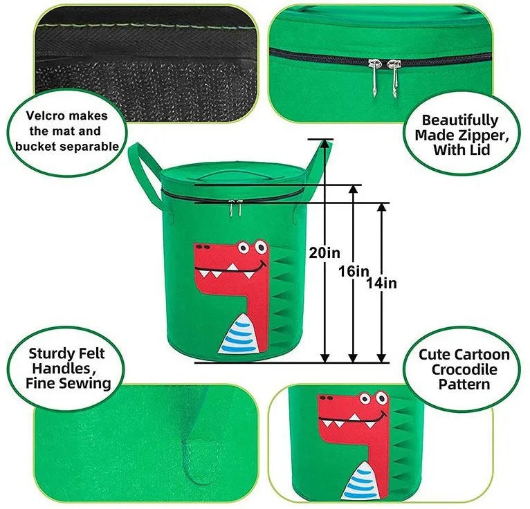 Green felt cube storage bag with pull rope that converts to flat play mat for toy organisation