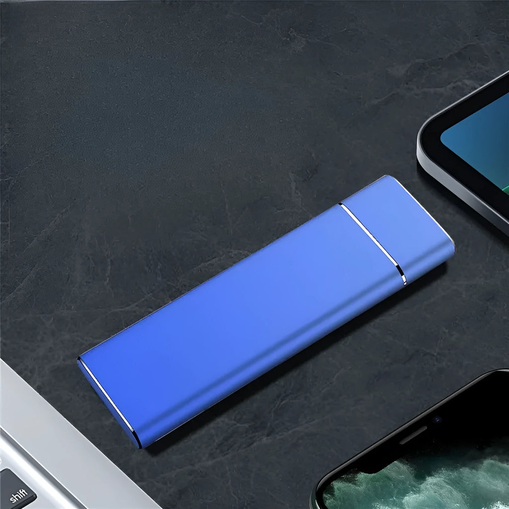 Sapphire Blue portable external hard drive with metal shell, shown next to its USB cable.