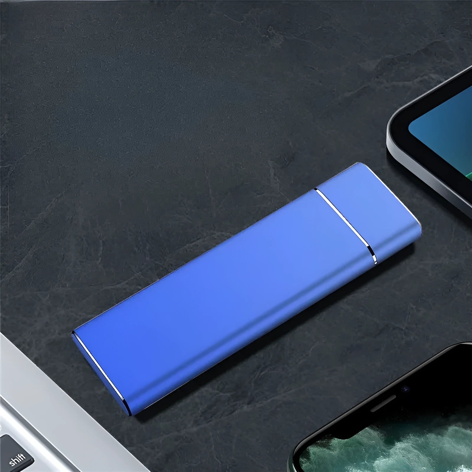 Sapphire Blue portable external hard drive with metal shell, shown next to its USB cable.