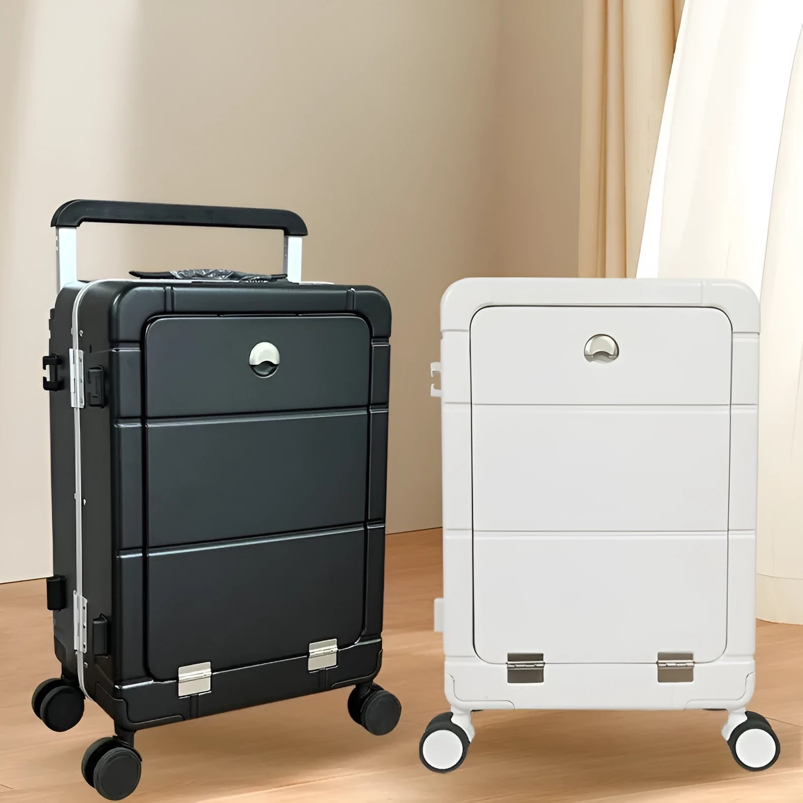 Front opening dry wet separation suitcase 20-inch in titanium silver with cup holder