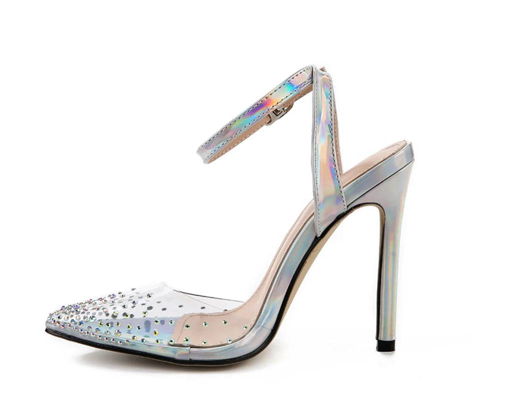 Silver glitter pointed-toe women's sandals with stiletto heels and diamond detailing.