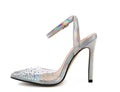 Silver glitter pointed-toe women's sandals with stiletto heels and diamond detailing.