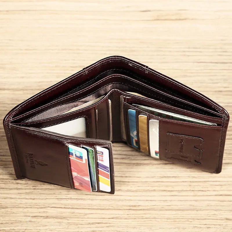 Men's leather wallet showing multiple internal compartments including card slots and change purse