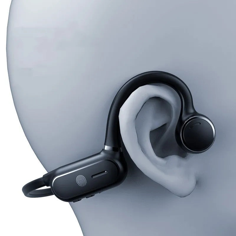 Black air conduction wireless earphone with ear-hooking design and touch controls.