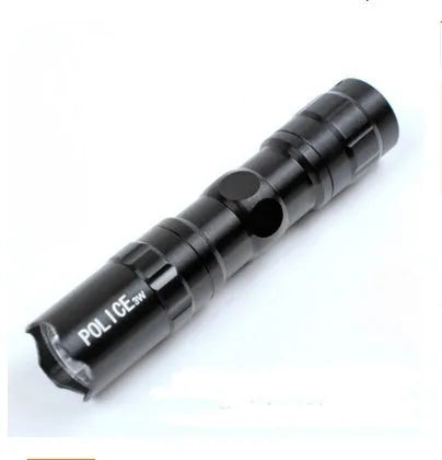 Black aluminium mini LED flashlight showing size next to a AA battery for scale.