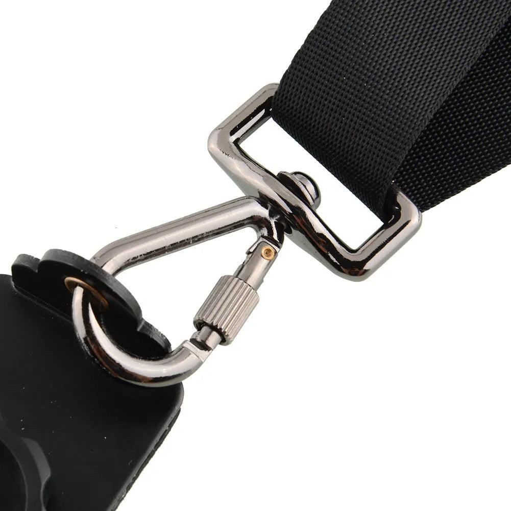Black professional dual SLR camera harness with shoulder padding shown on a person.