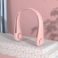Pink USB rechargeable bladeless neck fan showing ergonomic neckband and compact design.