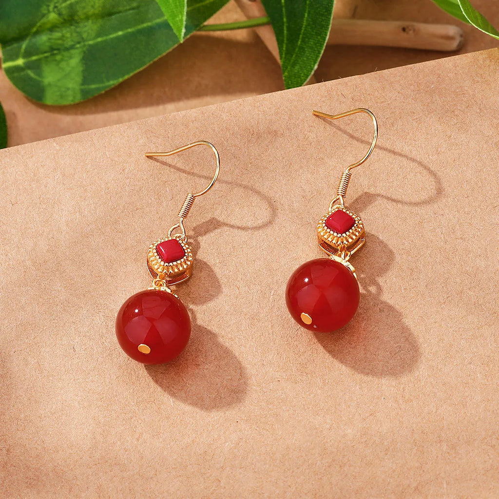 Southern red agate round beads and S925 silver inlaid jasper copper alloy earrings, geometric shape, simple style