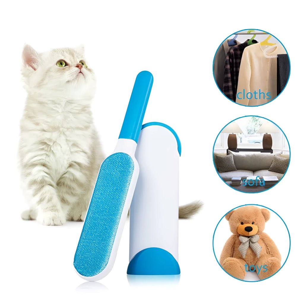 Blue self-cleaning pet hair removal brush for sofas on a grey fabric couch.