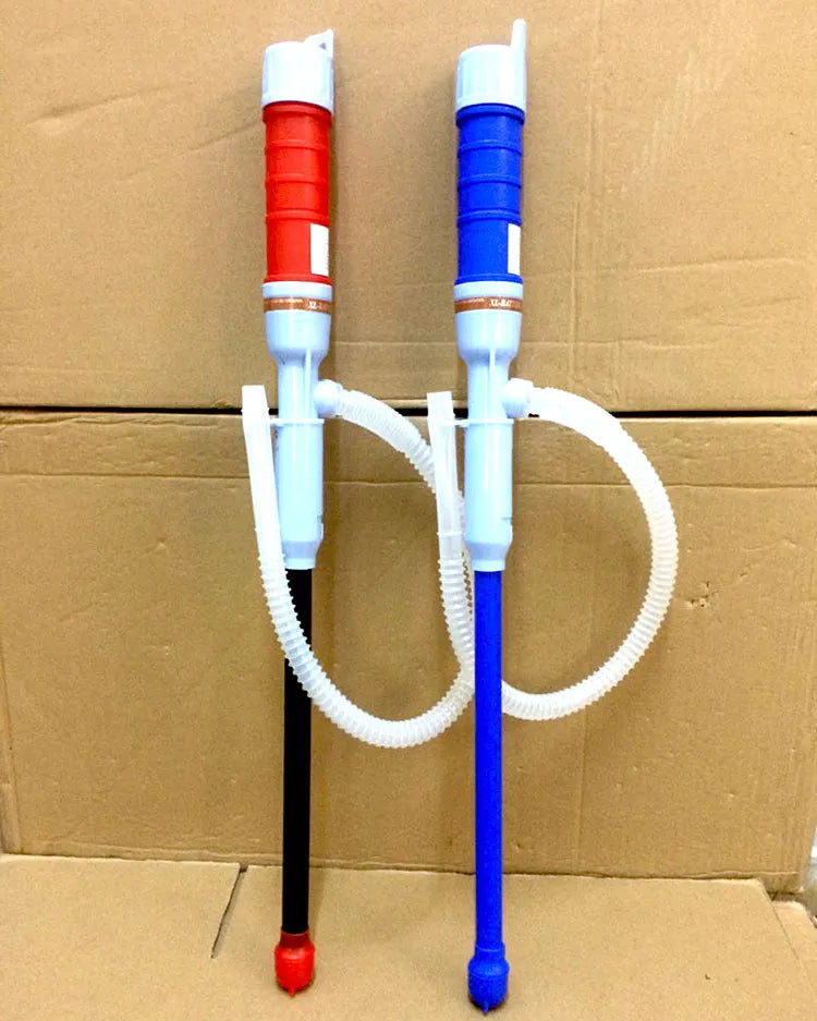Blue manual hand pump for fuel and oil transfer with hoses