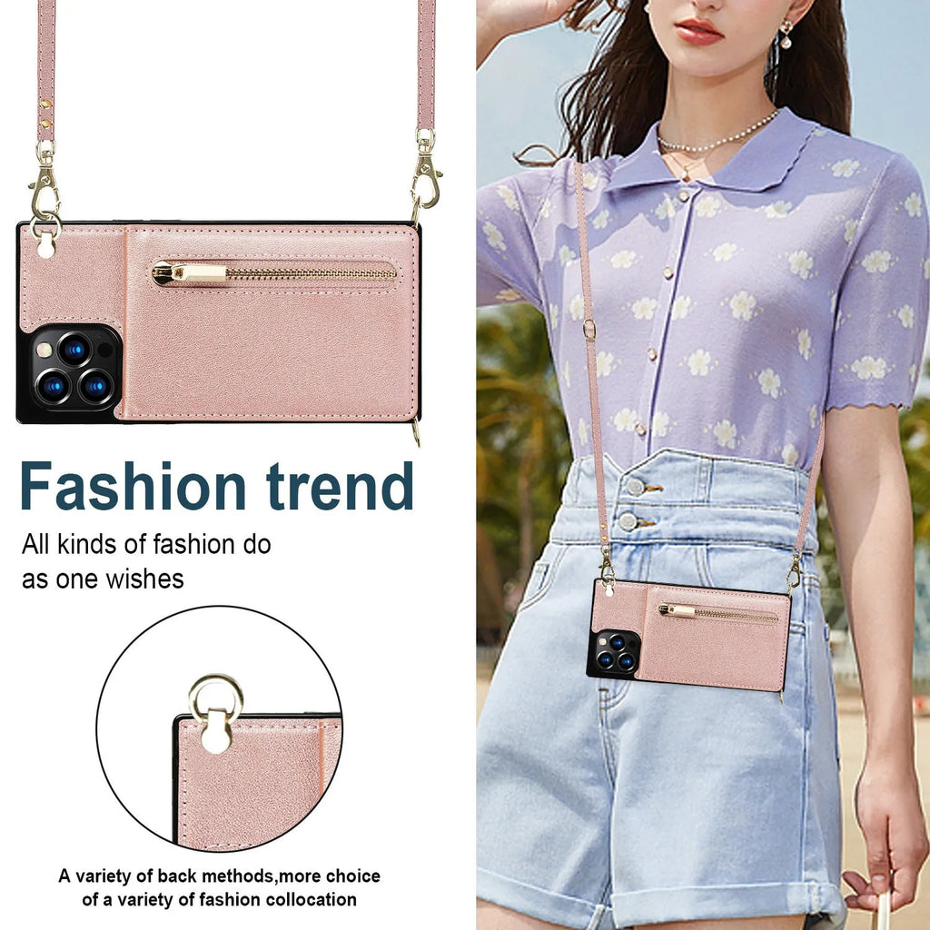 TPU and leather mobile phone case in solid colours: black, green, purple, red, and rose gold.