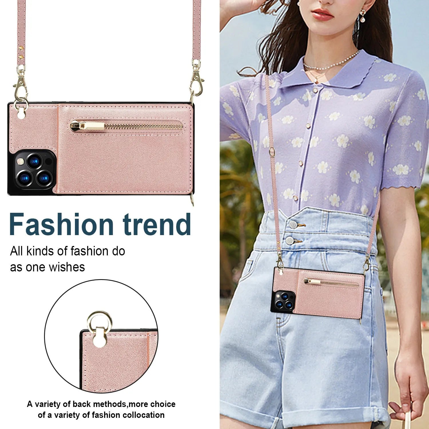 TPU and leather mobile phone case in solid colours: black, green, purple, red, and rose gold.