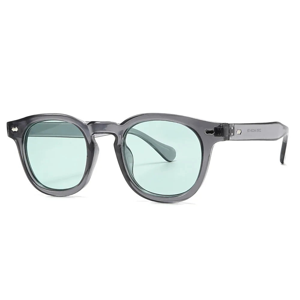 Simple plastic round rim sunglasses in retro artistic style on a solid background.