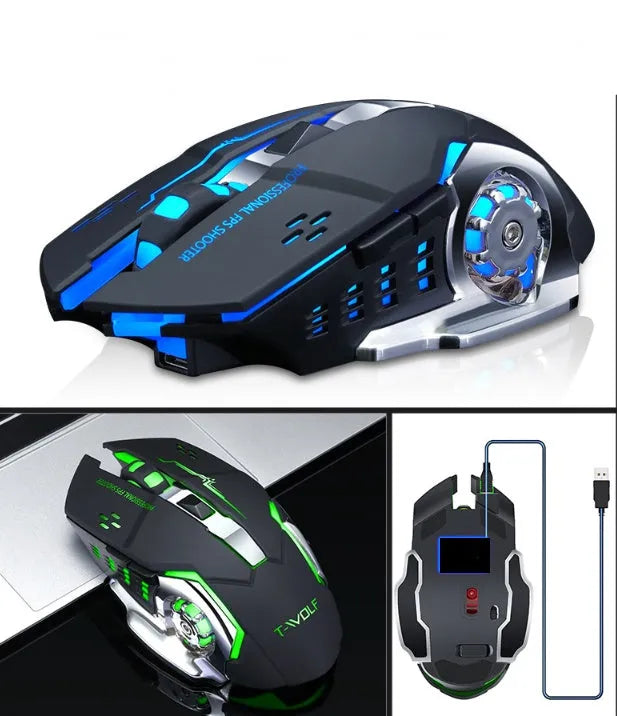 Black wireless charging silent mouse with six buttons beside a laptop