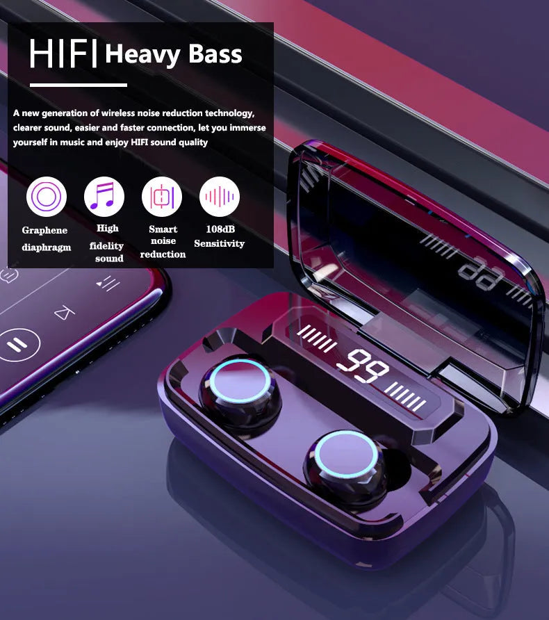 Black M11 style wireless Bluetooth headset with digital display and IPX7 waterproof rating.