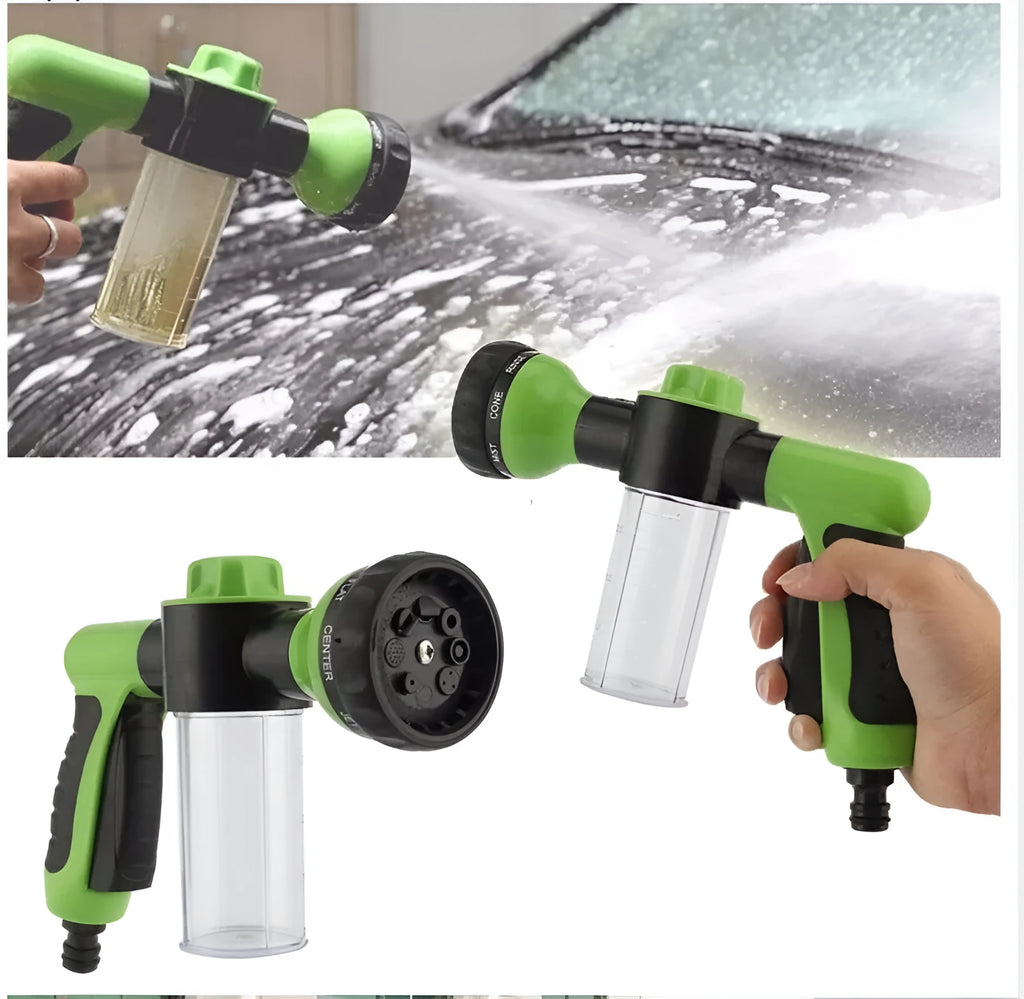 Green high-pressure foam spray gun with adjustable nozzle showing eight spray pattern settings