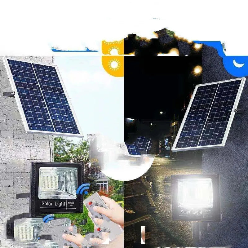 Black solar-powered outdoor flood light with multiple wattage options and IP67 waterproof rating