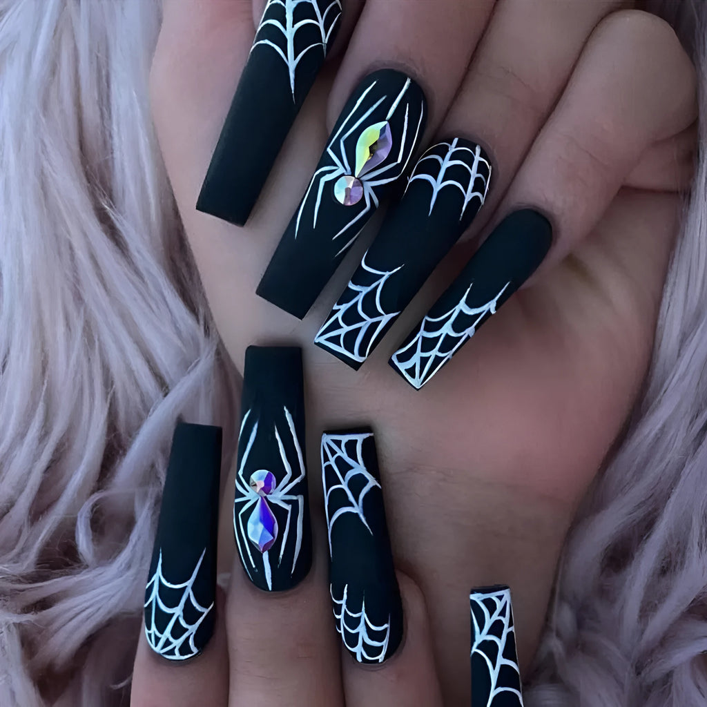 Set of 24 dark spider nail art pieces with glue, long length, sweet and cool INS style cartoon pattern