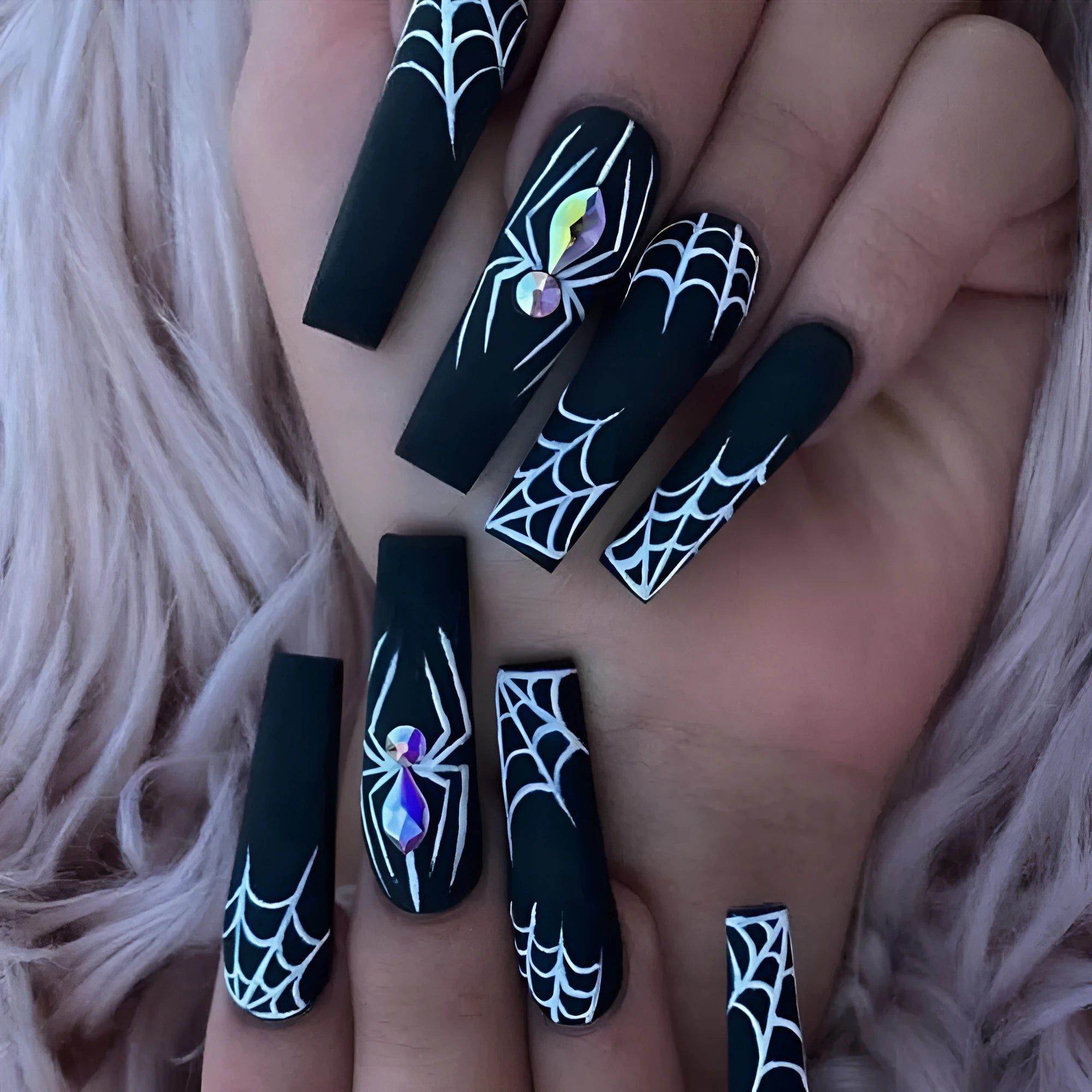 Set of 24 dark spider nail art pieces with glue, long length, sweet and cool INS style cartoon pattern