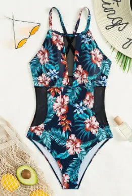Women's deep V neck printed one-piece swimsuit in conservative European style