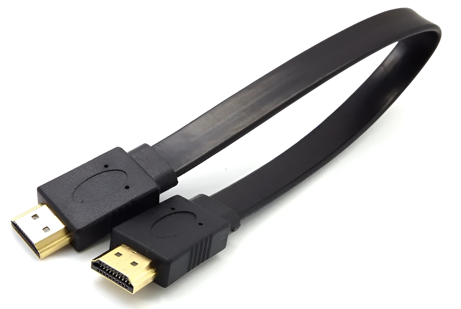 Flat black HDMI cable with male connectors, shown at various lengths from 0.3m to 10m.