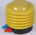 Blue and red pedal-operated swim ring inflator pump with 4-inch diameter