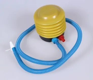 Blue and red pedal-operated swim ring inflator pump with 4-inch diameter