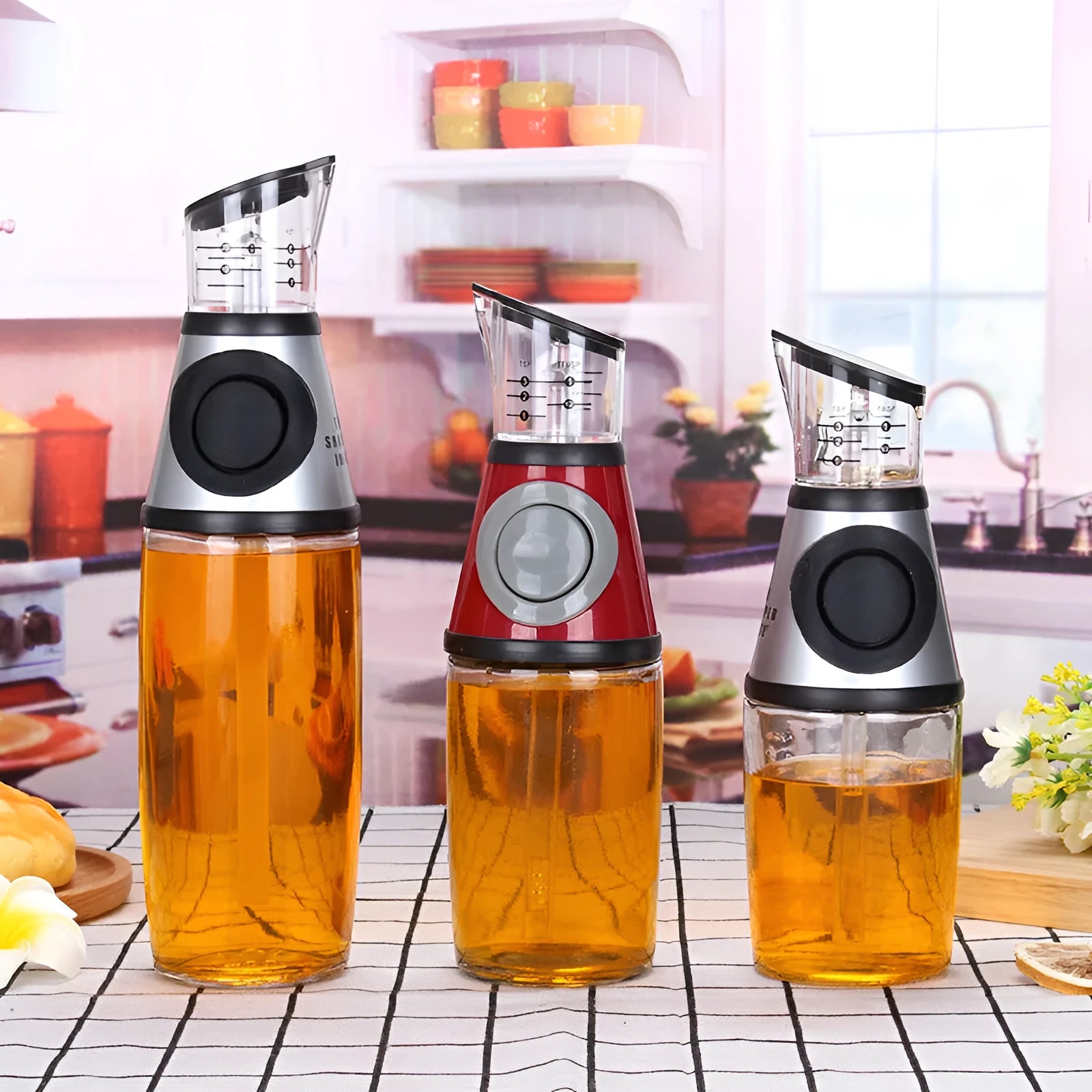 500ml high white glass measurable oil bottle with slim 8x28.5cm shape on kitchen countertop