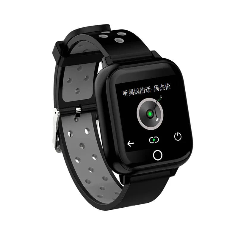 Black smart watch with integrated Bluetooth earbuds showing heart rate monitoring display