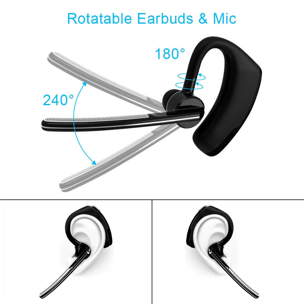 V9 Bluetooth headset with ear-bud and charging cable on a table