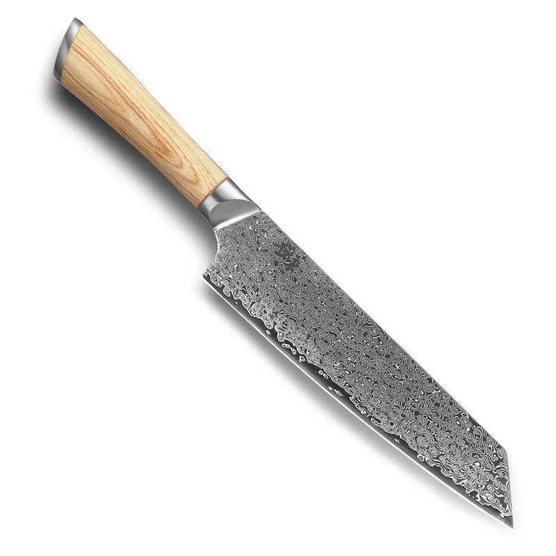 Damascus 8-piece kitchen knife set with 67-layer steel blades in New Chinese style on a wooden board